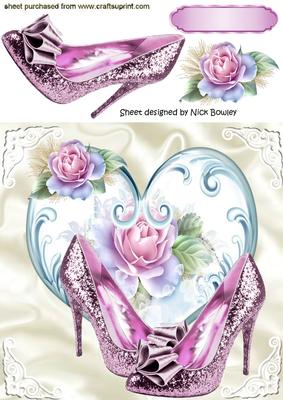 Pretty Pink Sparkle Shoes, with Heart and Roses 8x8