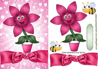 Cartoon Face Pink Flower in a Flowerpot, with Bees