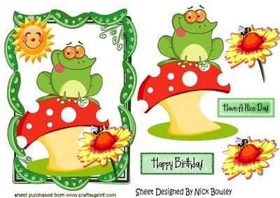 Cheeky Frog on a Mushroom in a Pea Frame with Sunflower