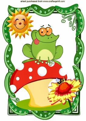 Cheeky Frog on a Mushroom in a Pea Frame with Sunflower A4