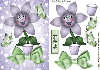 Cartoon Face with Lilac Flower and Butterflies