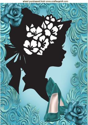 Silhouette of Vintage Lady and Modern Time with Blue Rose A4