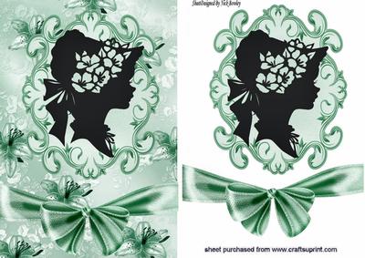 Vintage Silhoutte Lady in Ornate Frame with Bow in Green