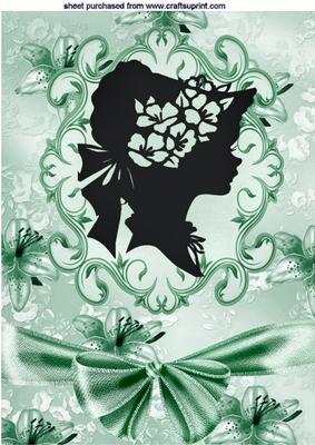 Vintage Silhoutte Lady in Ornate Frame with Green Bow A4