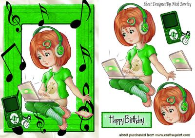 Girl with Her Laptop in Green & Mp3 Player Lets Make Music
