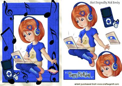 Girl with Her Laptop in Blue & Mp3 Player Lets Make Music