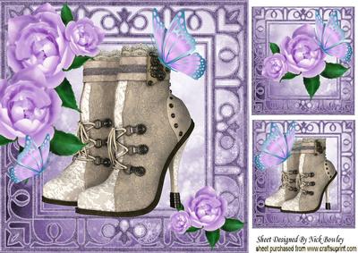 Steampunk Lace Boots with Lilac Roses, 8x8 Card & Toppers