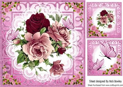 Pretty Roses on Lace with Butterflies Card and Toppers
