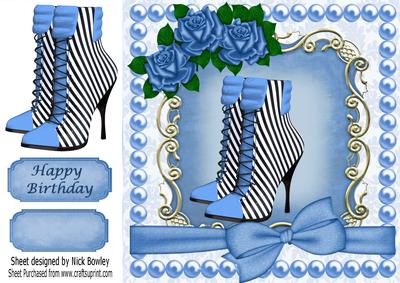 Blue Striped Boots with Roses and Bow 8x8