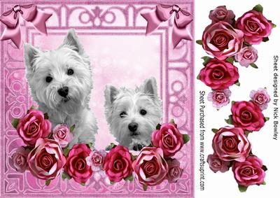 Peekaboo Westies with Pink Roses and Bows 8x8