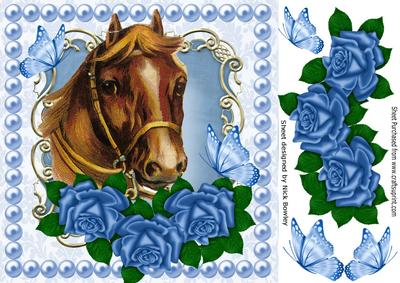 Lovely Horse with Blue Roses & Butterflies, Pearl Frame 8x8