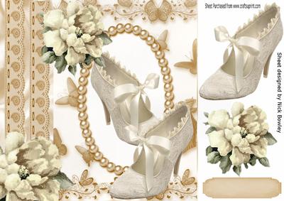 Pretty Cream Vintage Shoes with Bows and Cream Flowers 8x8
