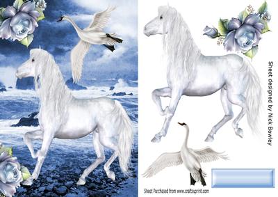 Beautiful White Horse with the Ocean and Swan , Blue Roses
