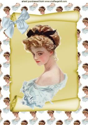 Pretty Vintage Lady in Blue on a Scroll with Bow A4