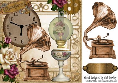 Nostalgic Steampunk Gramaphone and Rose Oil Lamp 8x8