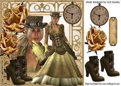 Pretty Steampunk Lady with Boots and Roses 8x8