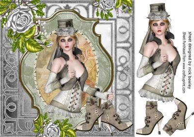 Steampunk Lady with Her Boots and Silver Roses 8x8