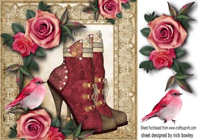 Red Roses, and Vintage Lace with Steampunk Boots 8x8 S