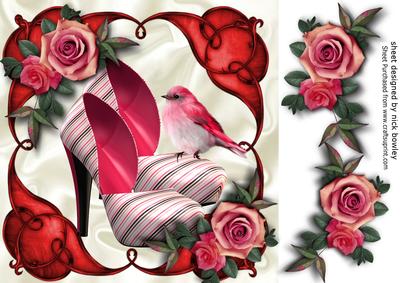 Red Stripe Shoes with Red Roses and Little Bird 8x8