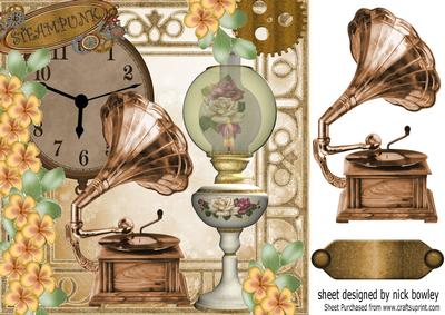Lovely Oil Lamp and Gramaphone with Peach Roses 8x8