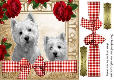 Peekaboo Westies with Red Roses and Check Bow 8x8