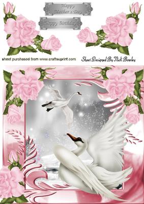 Beautiful Swans with Pink Roses in Fantasy Scene 8x8