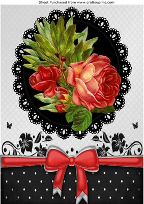 Red Embossed Rose on Pretty Lace & Bow A4