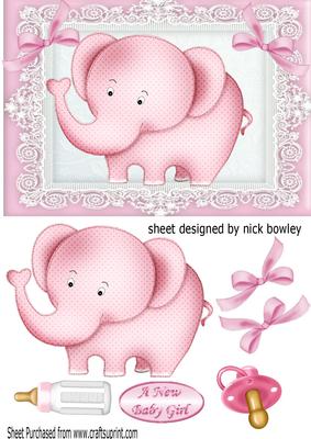 Cute Pink Baby Elephant, with Bows, Bottle & Dummy