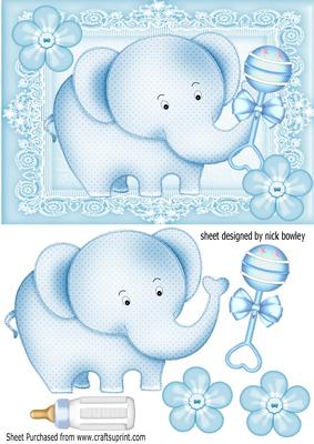 Cute Blue Baby Elephant, with Buttons, Bottle & Rattle