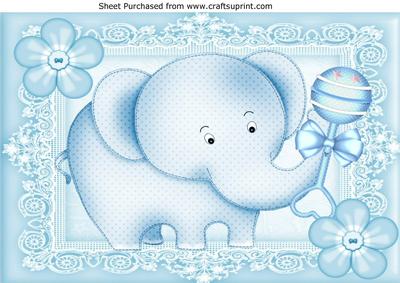 Cute Blue Baby Elephant, with Buttons, Bottle & Rattle A4