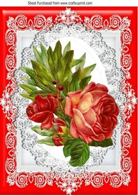 Pretty Vintage Embossed Red Rose on Lace with Bows A4