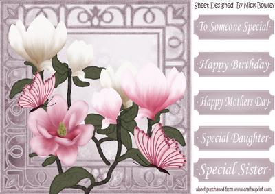 Pretty Buterflies with Cream and Pink Magnolias 8x8 Card