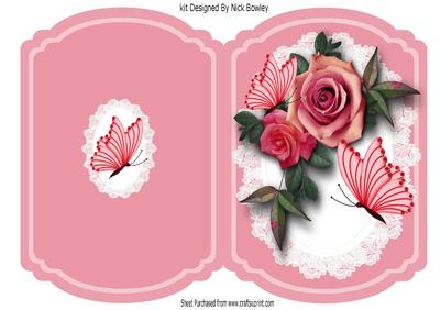 Pink/red Roses on Lace with Butterflies Quick Card