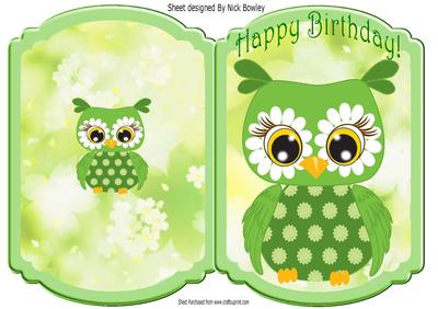 Cute Little Green Owl with Flowers Quick Card