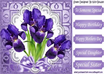 Pretty Purple Irisis with Satin Bow on Lace 8x8