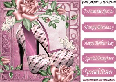 Pretty Pink Stripe Shoes with Roses and Butterflies 8x8
