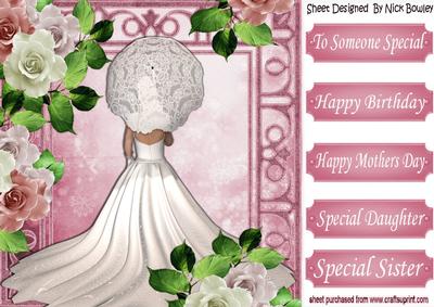 Beauty in White with Parasol and Pink/white Roses 8x8