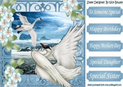 Beautiful Swans with the Blue Ocean & Flowers 8x8