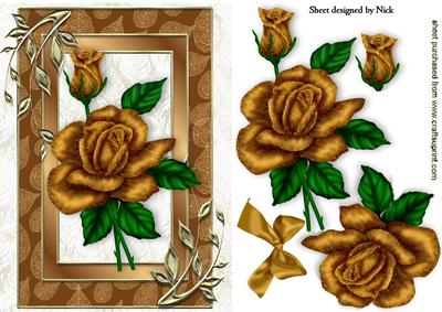 Gold Roses in Leaf Frame with Bow