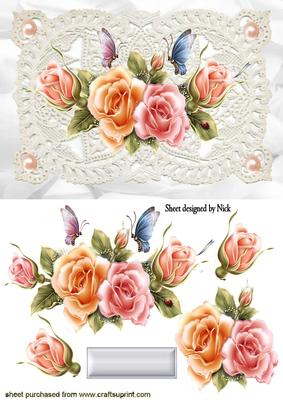 Vintage Ecru Lace with Pearls and Peach/pink Roses
