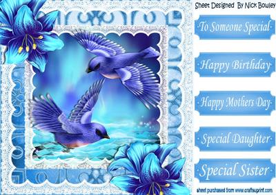 Pretty Blue Birds in Fantasy Scene with Tropical Flowers 8x8