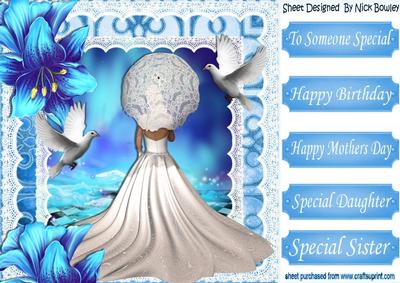 Vintage Lady with Parasol with White Doves & Flowers 8x8