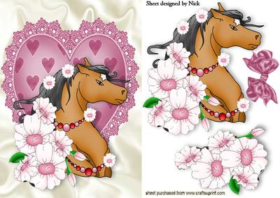 Pretty Horse with Flowers on a Lace Heart