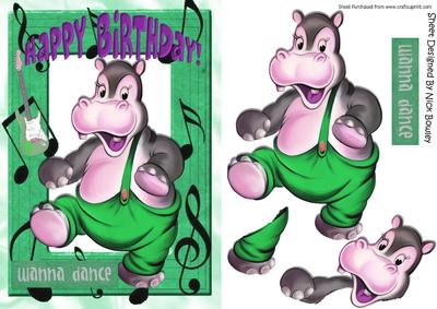Wanna Dance! Dancing Hippo in Green Music Frame