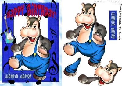 Wanna Dance! Dancing Hippo in Bright Blue Music Frame