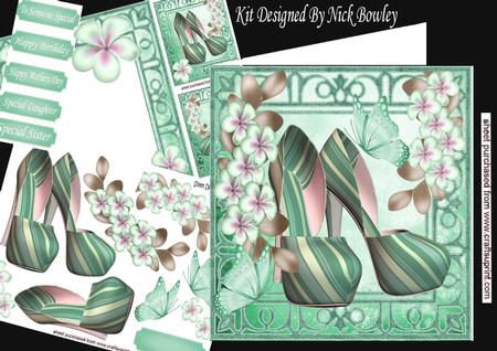 Pretty Turq Stripe Shoes with Flowers 8x8 Mini Kit