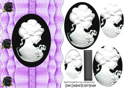 Pretty Black Detail Cameo Lady in Purple Frill Edge Pyramids