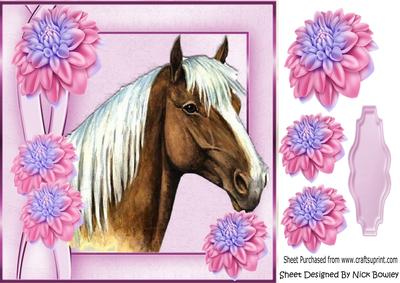 Pretty Palomino Horse with Pink Chrysanthemums 8x8