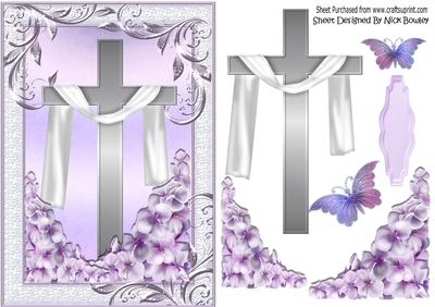 Pretty Lilac Butterflies, Flowers and Cross with Shawl