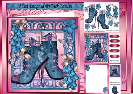 Pretty Blue/pnk Vintage Lace Boot, Blue Flowers 8x8 Mini Kit